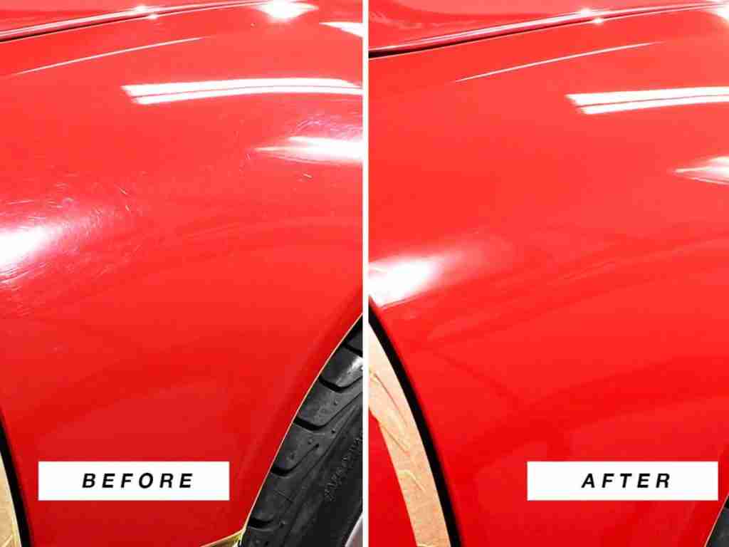 Red car panel before-and-after paint correction showing swirl marks removed; labels “BEFORE” and “AFTER” visible.