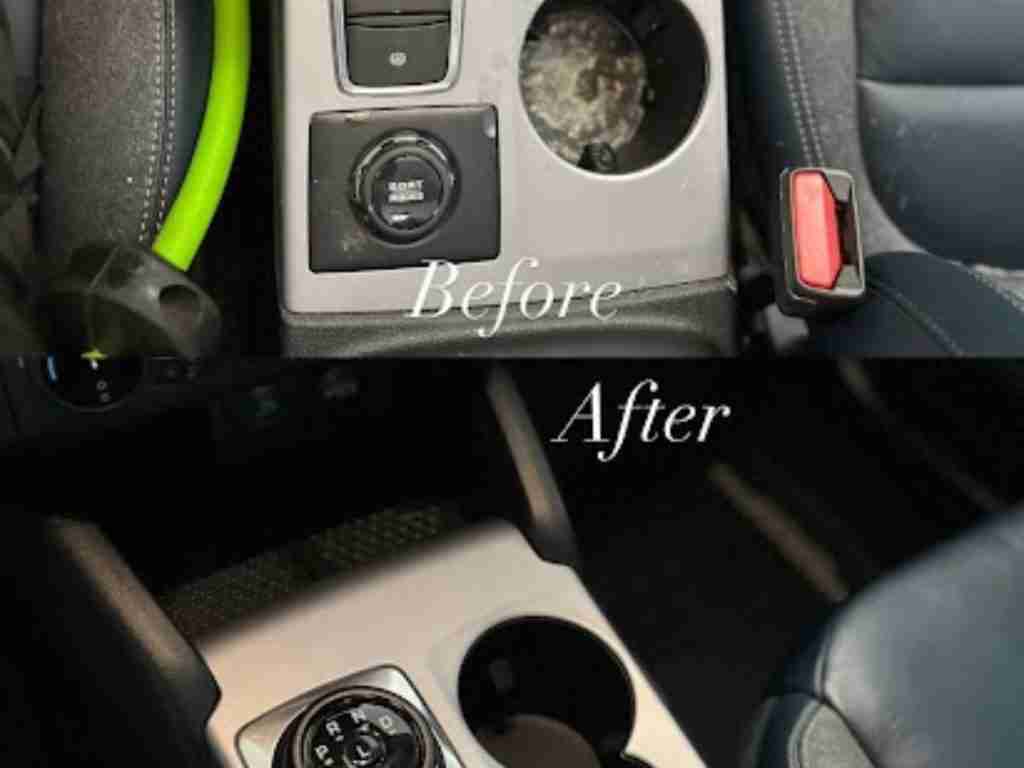 Car interior center console before and after interior detailing—“Before” and “After” show a cleaner, restored look